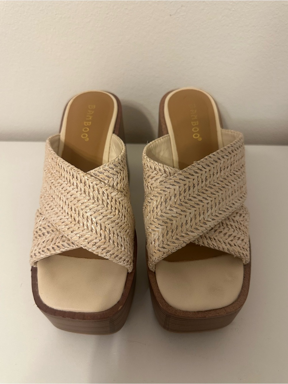 BAMBOO Beige Woven Platform Wedge Slides